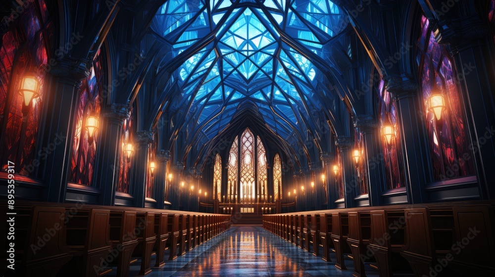 Wall mural cathedral church windows outside neon plexus wallpaper 4k nodes lines shiny glow