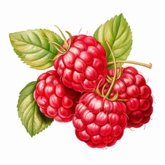 Watercolor, close up of three red raspberries with green leaves. The raspberries are ripe and ready to be eaten