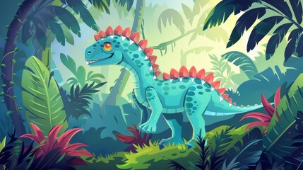A cartoon dinosaur with red spines, blue skin and orange eyes stands in a vibrant jungle setting, surrounded by lush green foliage.  The dinosaur is looking to the left, suggesting adventure and curio