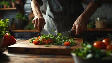 A chef is meticulously chopping fresh herbs and vegetables on a wooden cutting board, showcasing the essence of culinary preparation, passion for food, and the art of cooking.