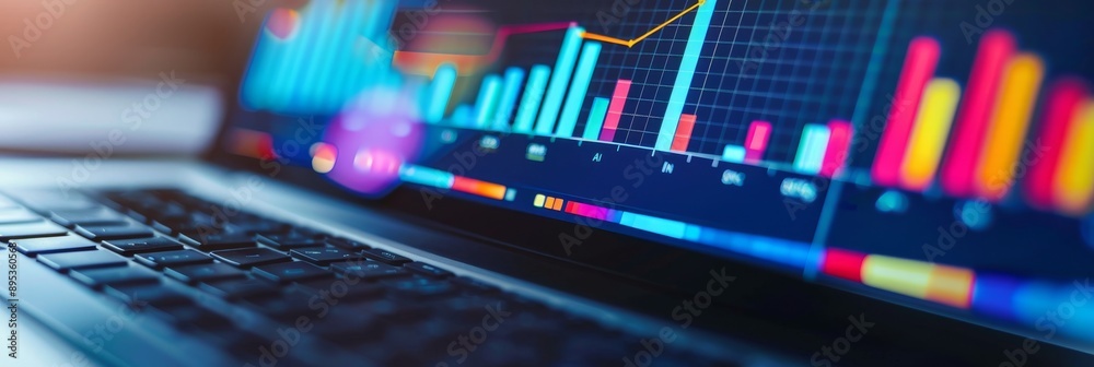 Poster a close-up of a laptop screen displaying colorful charts and graphs representing data analysis, prog