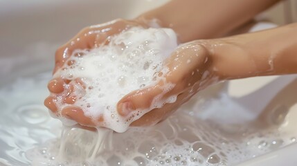 Fototapeta premium Hands Being Thoroughly Washed with Soap and Water for Proper Hygiene and Cleanliness