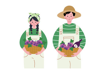 葡萄が入ったバスケットを抱える男女のイラスト