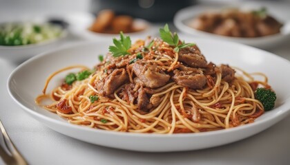 Stir-fried spaghetti and pork, beautifully arranged in a white plate.