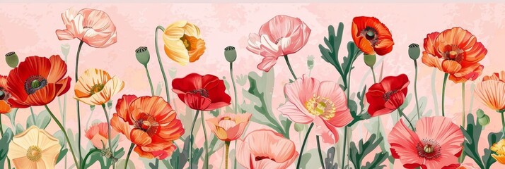 Obraz premium A colorful illustration of a poppy field in full bloom, showcasing vibrant red, pink, and yellow flowers. The delicate petals and lush green foliage create a sense of beauty and tranquility.