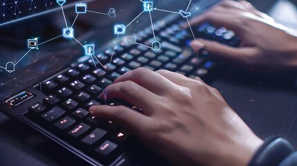 Hands on Glowing Gaming Keyboard with Connected Device Icons