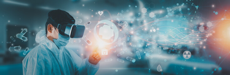 Metaverse futuristic digital technology medical health concept, doctor wearing best VR headset equipment using virtual interface analysis symptom of patient with artificial intelligence or AI.