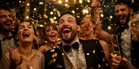 Enjoying a festive celebration with friends, sharing laughter, champagne, confetti in a joyful atmosphere of cheers and merriment, creating memories of happiness, togetherness, and vibrant sparkles
