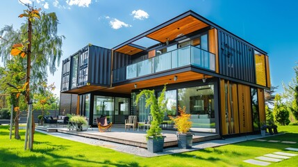 Obraz premium A contemporary home built from repurposed shipping containers boasts a spacious interior, expansive windows, and a balcony overlooking a lush green lawn. The home embodies sustainable living, innovati
