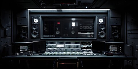 Fototapeta premium Music studio in black tones. The studio is dark, only the silhouettes of the equipment can be seen