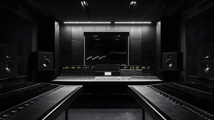 Music studio in black tones. The studio is dark, only the silhouettes of the equipment can be seen