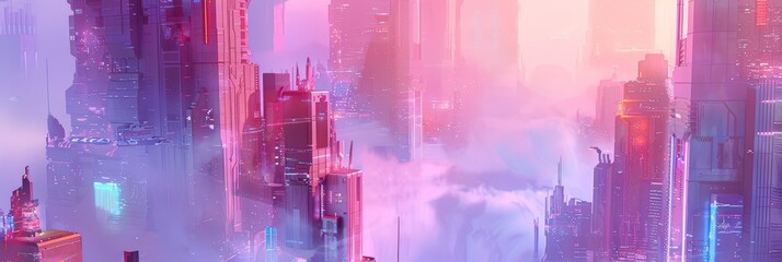 Fototapeta premium A futuristic cityscape bathed in a vibrant pink and purple glow, symbolizing innovation, technology, progress, and a vibrant urban environment. The city is enveloped in clouds, suggesting a sense of m