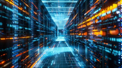 A futuristic data center corridor with glowing network connections, symbolizing the flow of information, digital infrastructure, technology, and connectivity.