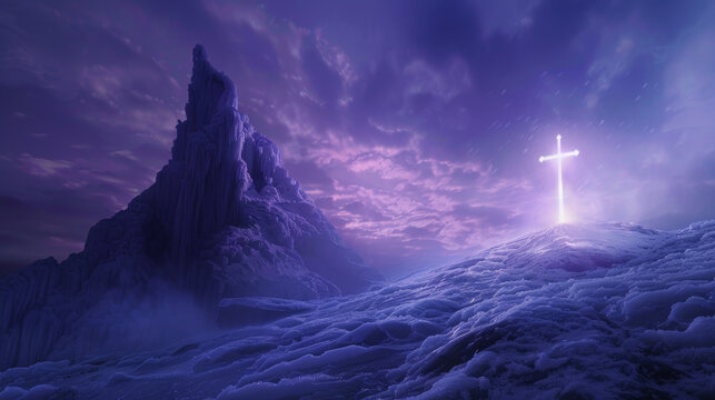A glowing cross stands tall on a snowy mountain peak, symbolizing faith, hope, and the divine presence. The purple sky and clouds create a majestic backdrop, evoking a sense of peace and serenity. - Powered by Adobe