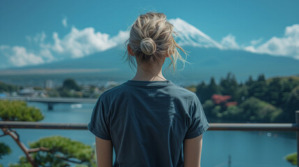 Fototapeta premium Mockup of a Fitted Charcoal Gray T-Shirt in Shinobi no Sato Park with Mount Fuji