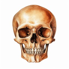 Obraz premium Watercolor, drawing of a skull with a smile on it. The skull is painted in brown and white colors, halloween mood