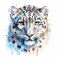 Fototapeta premium Watercolor, white tiger with black spots on its face. The tiger has a yellowish-orange nose and a black nose