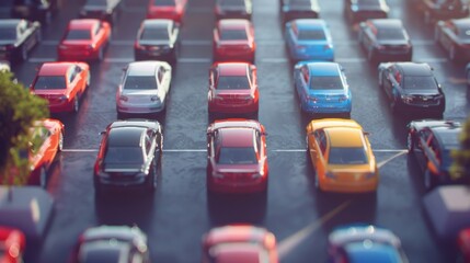Obraz premium A long row of cars parked in a parking lot, symbolizing transportation, organization, urban life, consumerism, and modern society.