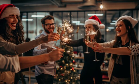 Celebrate with colleagues at your workplace, surrounded by sparklers and a joyful atmosphere. Enjoy the festive camaraderie and happiness in this celebratory setting with your coworkers