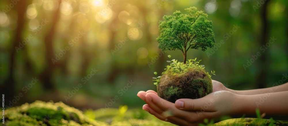 Wall mural hands holding a miniature world with a tree