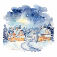 Fototapeta premium Watercolor, winter scene with houses and a road. The houses are small and have a cozy feel. The road is covered in snow and the sky is dark, christmas mood
