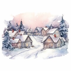 Watercolor, painting of a small town with houses and trees covered in snow. The mood of the painting is peaceful and serene, christmas mood
