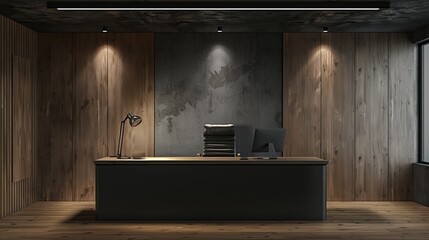 Interior design of room, workstation in the center, empty wall, realistic, grey and wood. modern room. copy space for text.