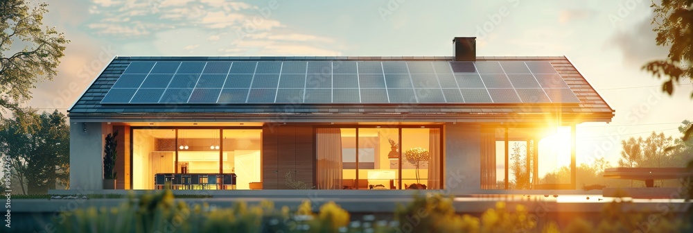 Wall mural a modern house with solar panels on the roof, bathed in the warm glow of a sunset, symbolizes sustai