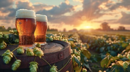 Two glasses of beer on a wooden barrel in a hop field at sunset