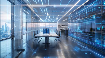 Obraz premium A modern office space with a futuristic technology concept, featuring a glass wall with digital data streams, a glass ceiling with blue lighting, and a cityscape view. It symbolizes innovation, progre