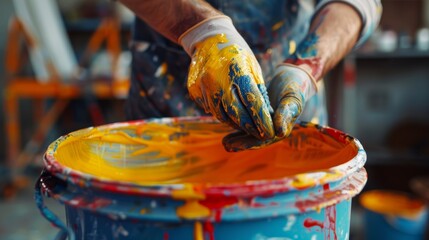 Obraz premium A close up of a painter mixing paint in a bucket, ensuring the color is consistent and ready for application