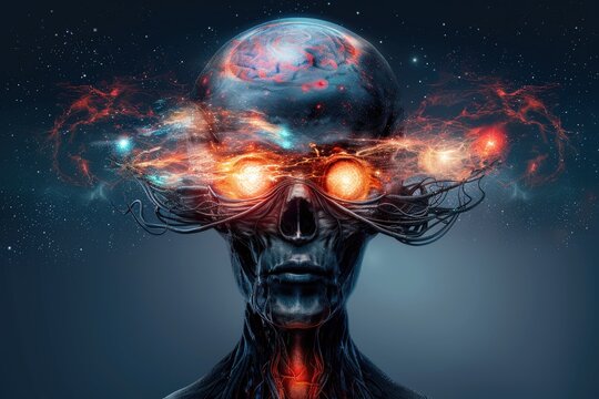 A futuristic skull with planetary details and glowing eyes, symbolizing cosmic awareness and artificial intelligence.