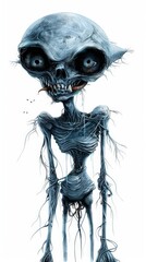 Fototapeta premium A surreal blue alien figure with skeletal features and eerie expression, perfect for science fiction themes and creative projects.