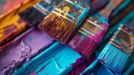 A close up of paintbrushes dipped in various vibrant colors, hinting at a playful and colorful interior makeover