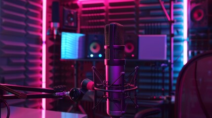 A professional condenser microphone in a recording studio, illuminated by pink and blue neon lights, symbolizing creativity, sound, technology, music production, and professional audio.