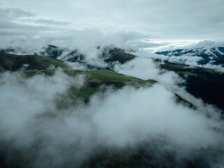 Aerial view of beautiful high altitude forest grassland mountain landscape