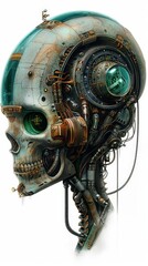 Fototapeta premium Futuristic robotic skull with intricate details, showcasing a blend of technology and art, perfect for science fiction themes.