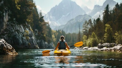 Solo female kayaking in serene stream in mountains, rear view, summer outdoor adventure concept. copy space for text.