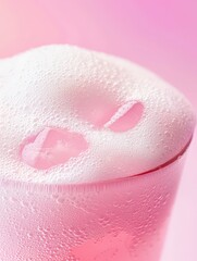 Fototapeta premium Pink Bubbles: A close-up shot of a refreshing pink drink with white foam and ice cubes, capturing the essence of a sweet and bubbly beverage. The delicate pink hue and the glistening ice create a visu