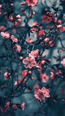 Fototapeta premium Pink Blossom Dream: A delicate spray of blush pink blossoms emerges from a soft-focus background, creating a dreamy, ethereal atmosphere. The image evokes a sense of peace, beauty, and the promise of 