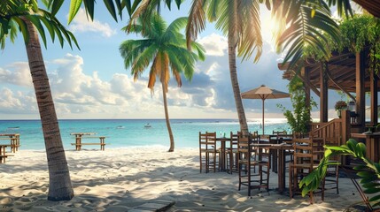 Naklejka premium A tranquil beach bar scene with palm trees, inviting seating, and a picturesque ocean view. It symbolizes relaxation, vacation, escape, and the allure of tropical paradise.