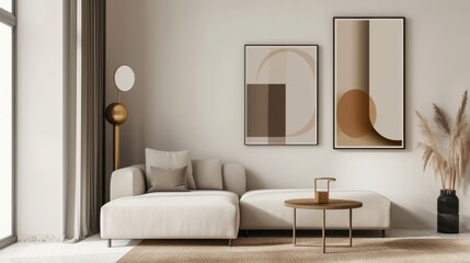 Minimalist Living Room with a White Sofa and Geometric Art