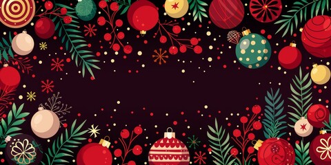 Festive Christmas border with red, green, and gold ornaments, berries, and pine branches on a dark background.