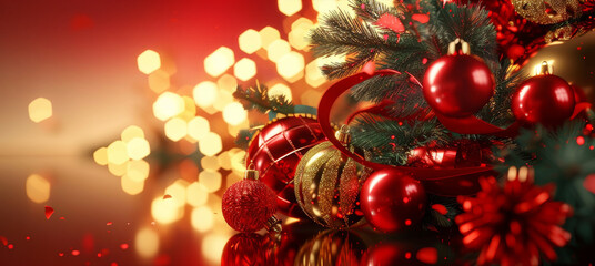 Merry Christmas and Happy New Year festive background decorations balls hanging on a ribbon