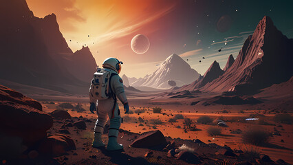 Illustration background Of an astronaut is exploring an alien landscape