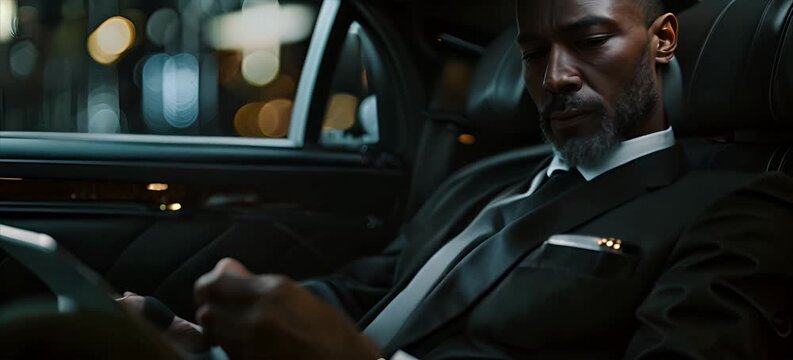 business man sitting in limousine, the seatings are black leather, reading tablet.generative ai