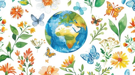 Flourishing beauty of earth vibrant flowers, butterflies, and colorful plants surrounding the globe