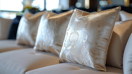 Close-Up of Silk Throw Pillows on High-End Hotel Lounge Sofa