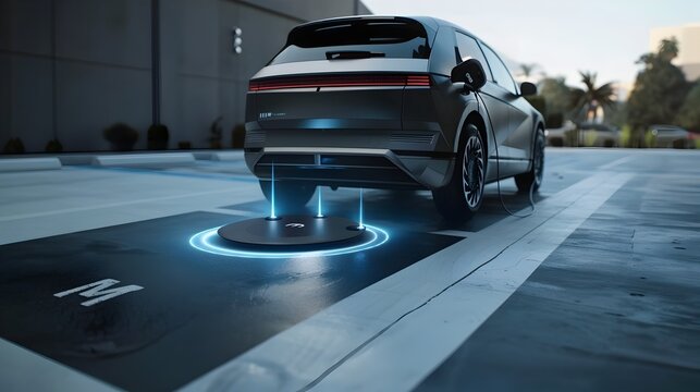 Wireless Charging Electric Vehicle Parked on Charging Pad