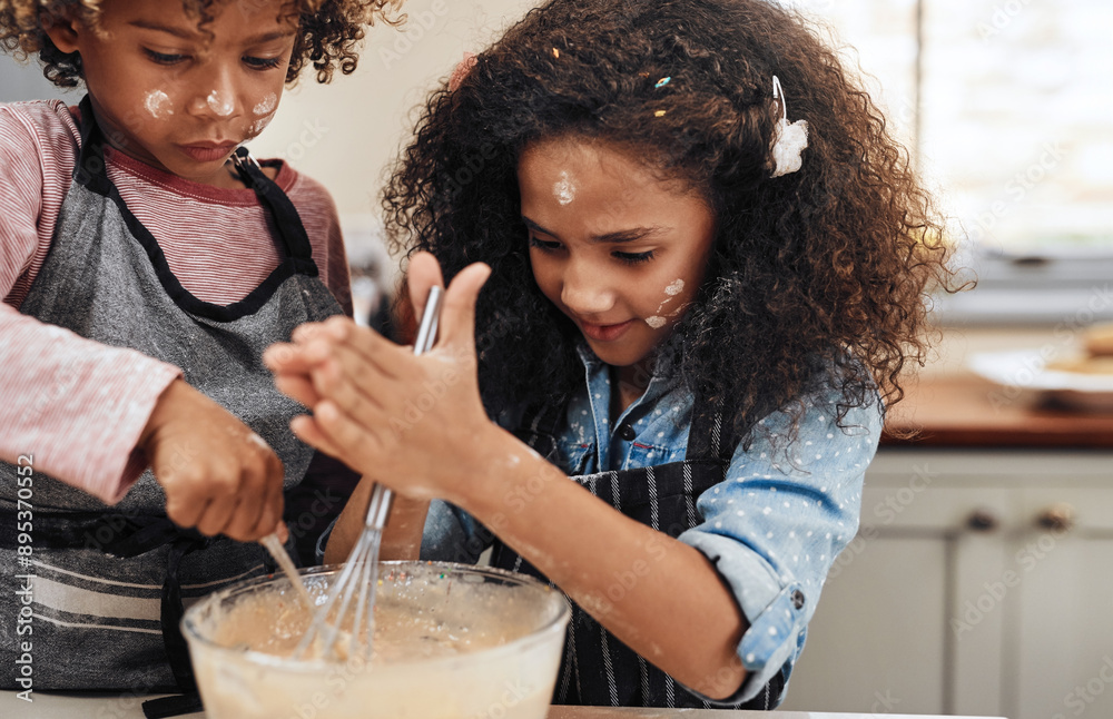 Wall mural Home, children and learning with cooking, skills and nutrition as kids or siblings for education. Young people, baking and learning for development, growth and kitchen counter as family in bonding